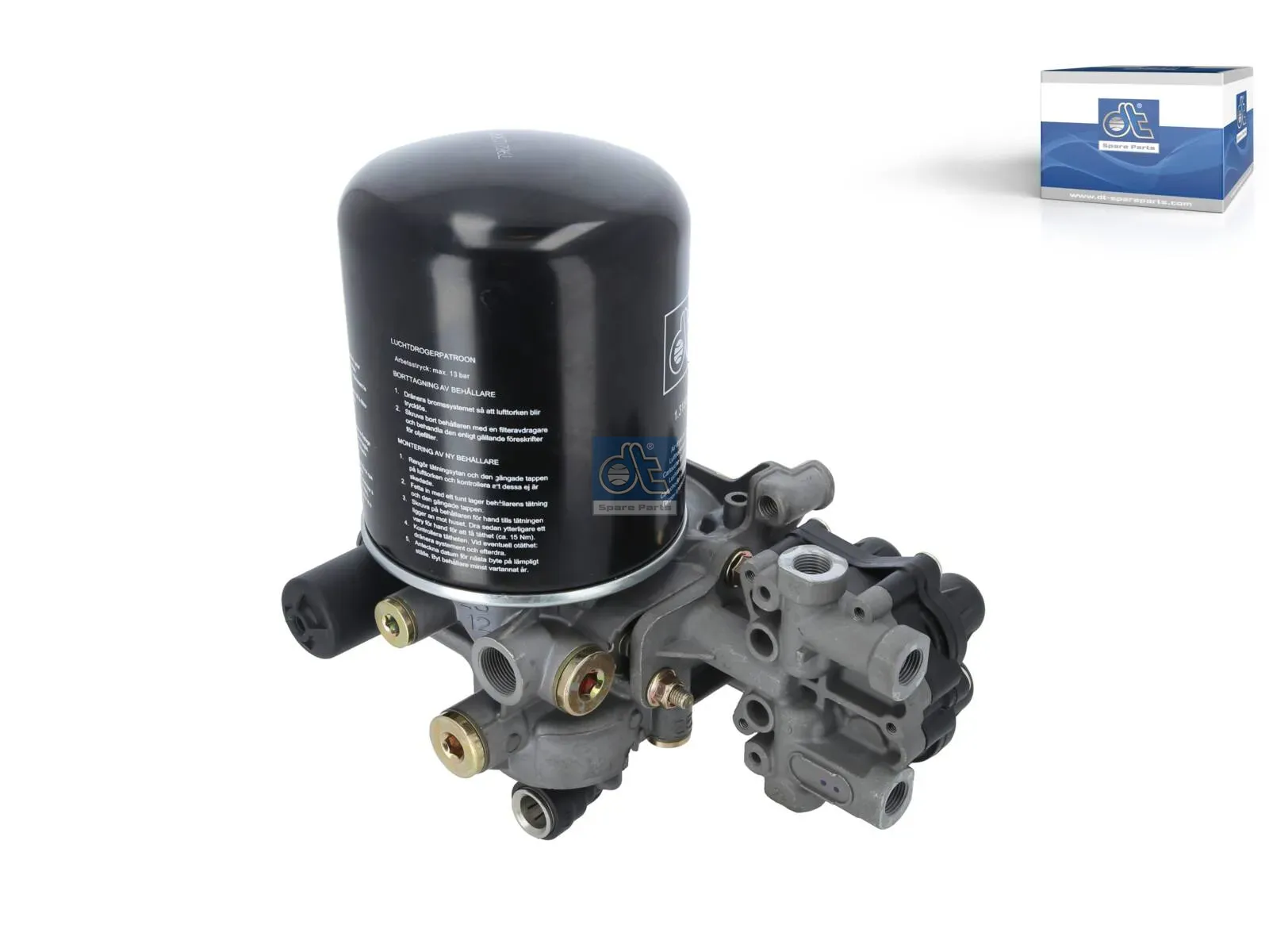Air dryer, complete with valve